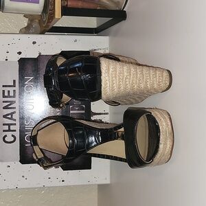 Micheal Kors Fanning T-strap espadrilles wedge, sz 7.5M, black